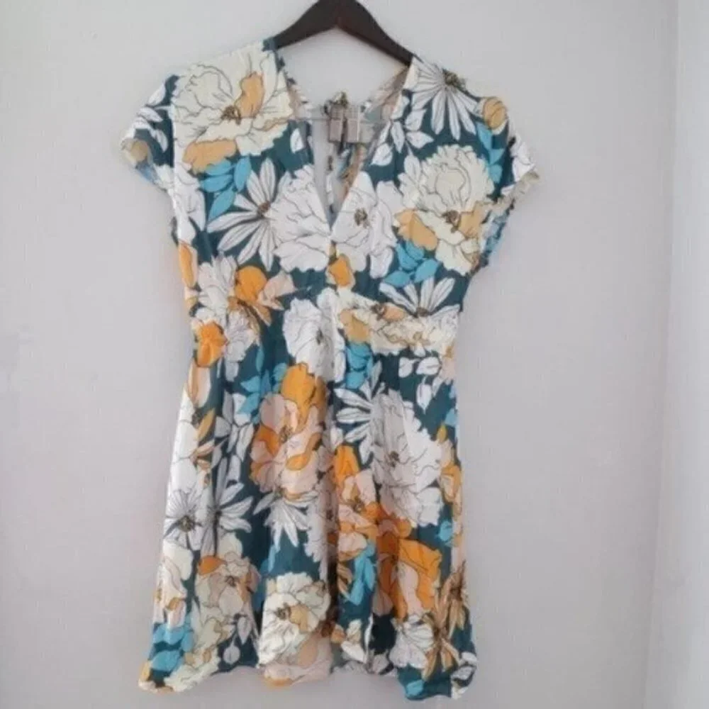 NWT Floral Print Bathing Suit Coverup Mini Dress Size XS Blue White Yellow - Picture 3 of 7